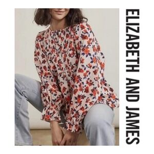 Elizabeth And James Floral Balloon Sleeve Peasant Blouse 100% Cotton Large